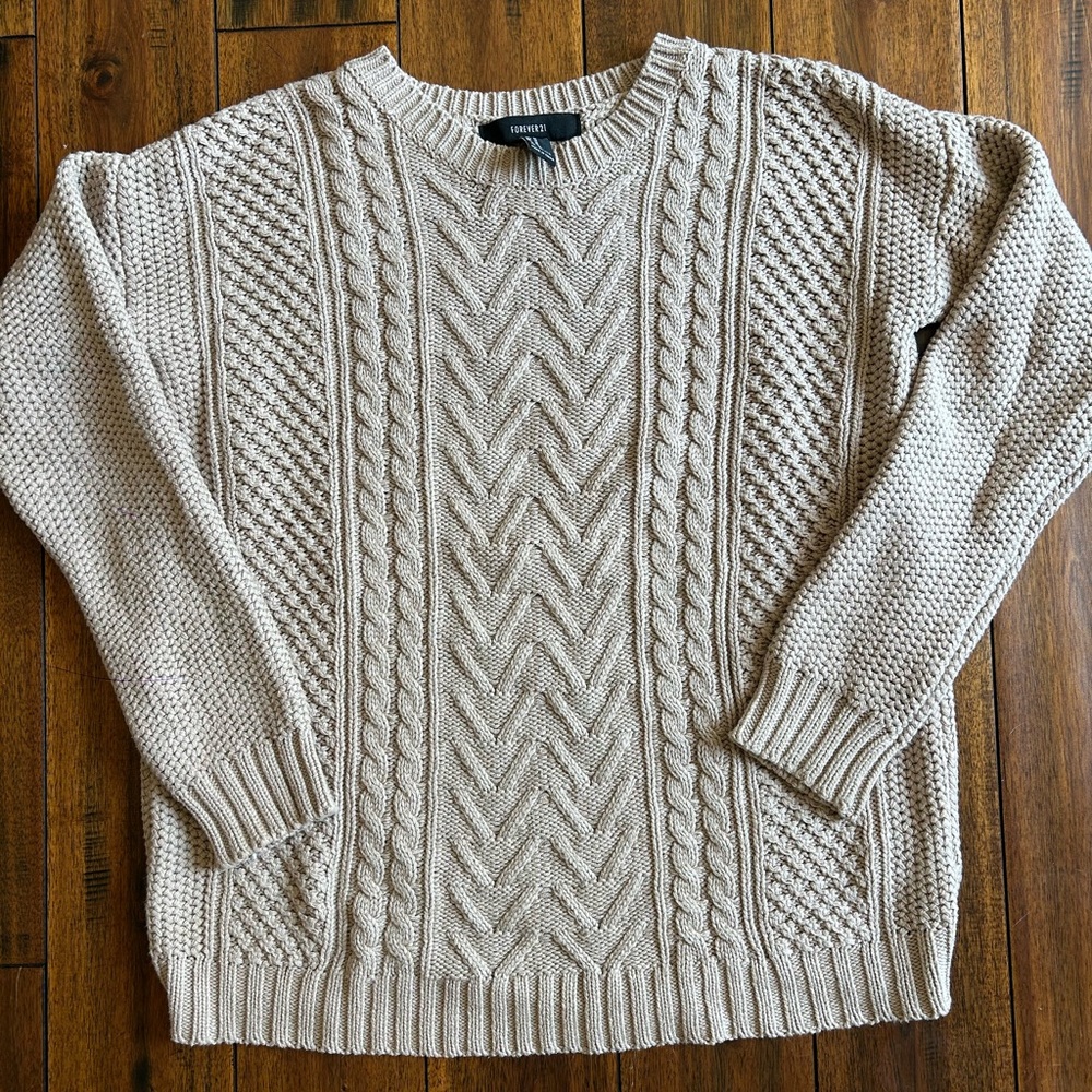 Forever 21 Beige Cable Knit Crew Neck Sweater